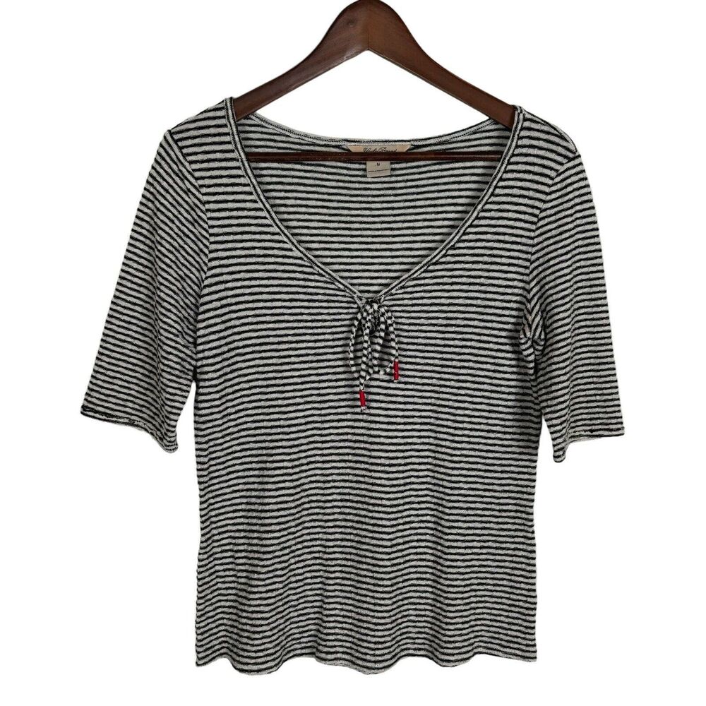 Lucky Brand Gray White Striped Tassel V-Neck Tie Short Sleeve Top Women's Medium